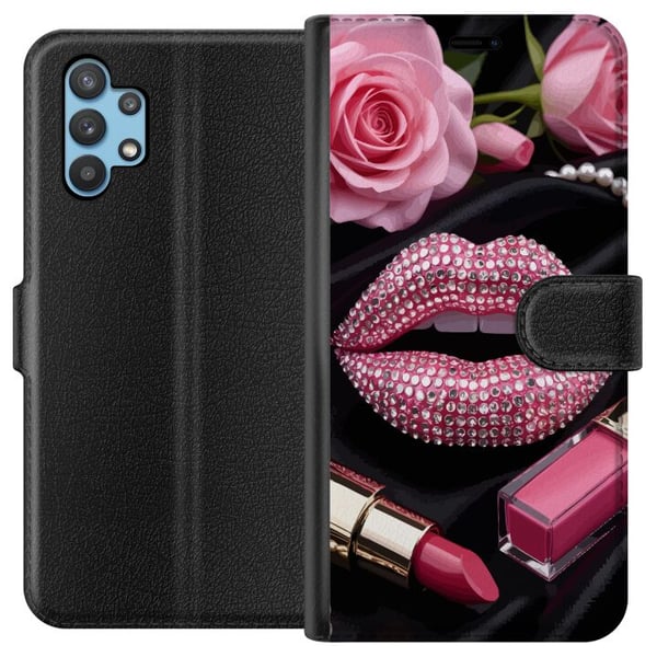 Kompatibelt Plånboksfodral till Samsung Galaxy A32 5G Pink glitter lips makeup diamonds rosor nagellack fashion glamour beauty poster rosa läppar art