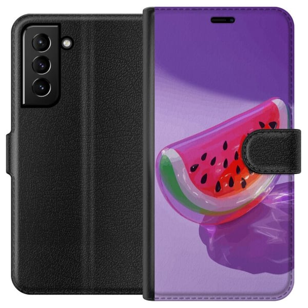 Kompatibel Tegnebogsetui til Samsung Galaxy S21+ 5G Vandmelon i glasstil mod lilla baggrund, frisk sommerlig design med saftigt og moderne udtryk Kompatibel Tegnebogsetui til Samsung Galaxy S21+ 5G Vandmelon i glasstil mod lilla baggrund, frisk sommerlig design med saftigt og moderne udtryk