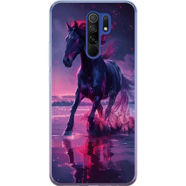 Kompatibel Mobilcover til Xiaomi Redmi 9 Elegant sort hest, der løber gennem vand i lilla og lyserødt lys med en magisk stemning