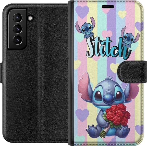 Kompatibel Tegnebogsetui til Samsung Galaxy S21+ 5G Stitch med roser i romantisk tegneseriestil mod stribet baggrund