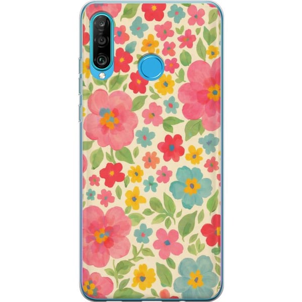 Kompatibelt Mobilskal till Huawei P30 lite Lekfulla blommor i färgstarkt handmålat mönster