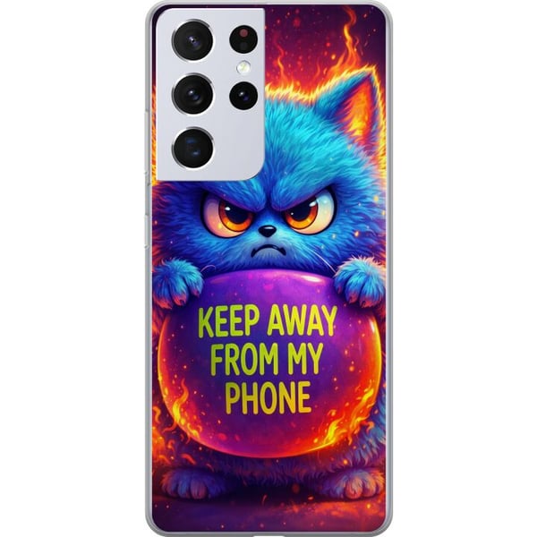 Kompatibel Mobilcover til Samsung Galaxy S21 Ultra 5G Vred, lodden blå kat med teksten Keep Away From My Phone i neonfarver og flammelignende effekte