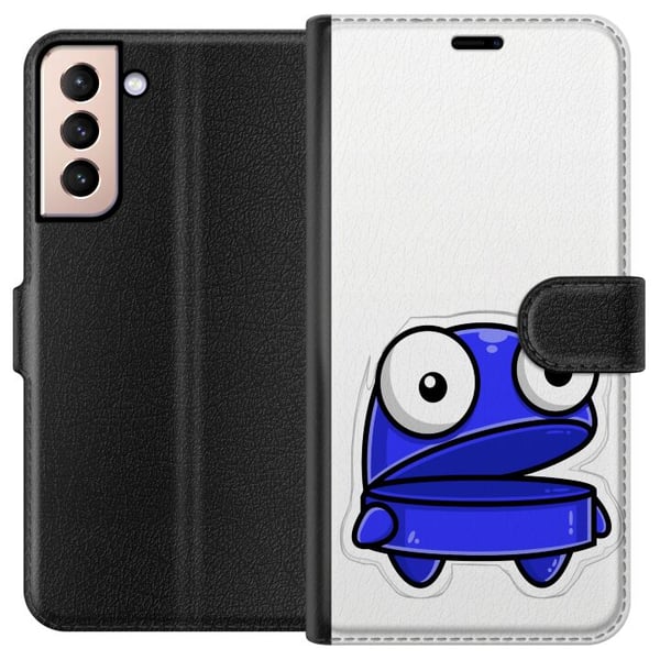 Yhteensopiva Lompakkokotelo Samsung Galaxy S21 Sininen piirroshahmo, jolla on avoin ilme ja suuret silmät hauskassa ja kepeässä kuvituksessa