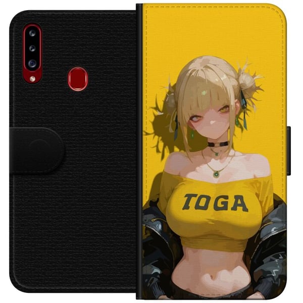Kompatibelt Plånboksfodral till Samsung Galaxy A20s Gul animeinspirerad illustration med blond karaktär stark bakgrund kawaii stil för trendiga motiv
