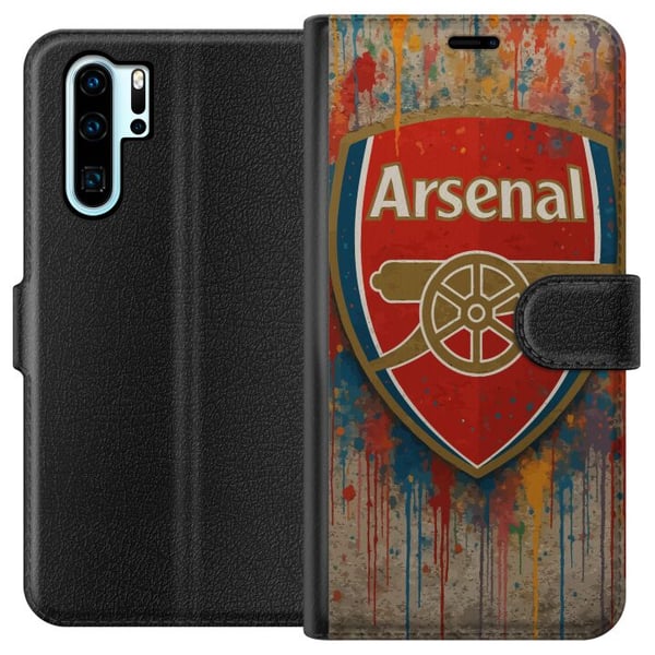 Kompatibel Tegnebogsetui til Huawei P30 Pro Arsenal-kunstmotiv i rødt og hvidt med farvestænk, perfekt til fodboldfans, der elsker kunst og sportssti