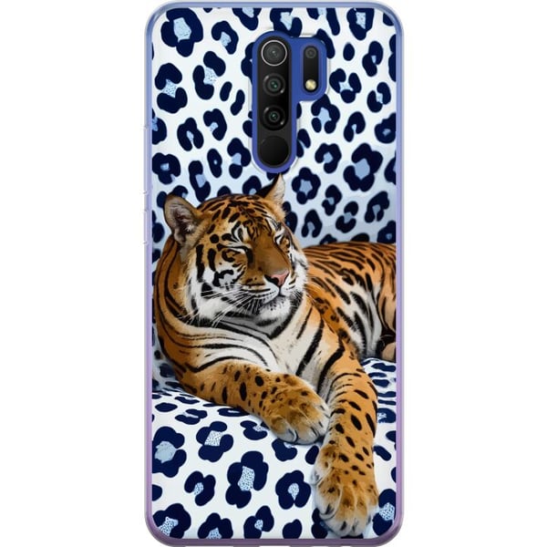 Kompatibelt Mobilskal till Xiaomi Redmi 9 Tiger Chill Pattern motiv med tiger som vilar mot vitblå mönstrad bakgrund i modern design