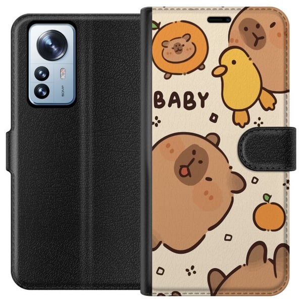Kompatibel Tegnebogsetui til Xiaomi 12 Pro Kawaii-kapivarillustration – Sødt tegnet design med ænder og appelsiner