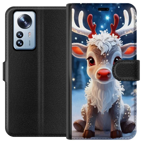 Kompatibel Tegnebogsetui til Xiaomi 12 Pro Sød rensdyr vinter julemotiv kawaii rensdyr sne lys lys magisk jul sød højtid plakat