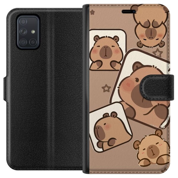 Yhteensopiva Lompakkokotelo Samsung Galaxy A71 Capybara Frame Friends Leikkisä design, jossa on pieniä kapybaroja tähtikuvioisissa ruuduissa ja beige