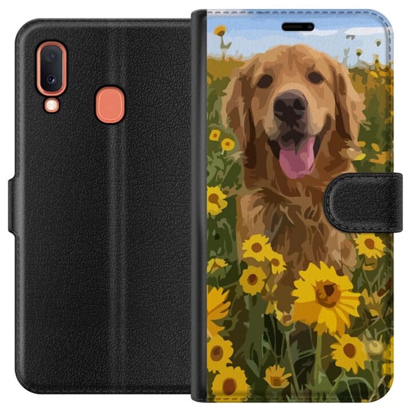 Kompatibelt Plånboksfodral till Samsung Galaxy A20e Golden Retriever Solrosfält Hundmotiv Natur Sommar Design Kompatibelt Plånboksfodral till Samsung Galaxy A20e Golden Retriever Solrosfält Hundmotiv Natur Sommar Design