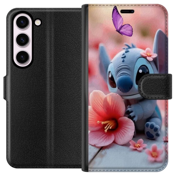 Kompatibel Tegnebogsetui til Samsung Galaxy S23 Sød blå fantasivæsen med lyserød blomst og sommerfugl, romantisk forårsmotiv Kompatibel Tegnebogsetui til Samsung Galaxy S23 Sød blå fantasivæsen med lyserød blomst og sommerfugl, romantisk forårsmotiv