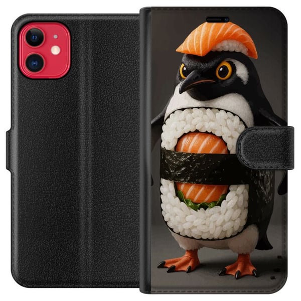 Kompatibelt Plånboksfodral till Apple iPhone 11 Sushi pingvin design – Kreativt kawaii motiv med lax, ris och sjögräs