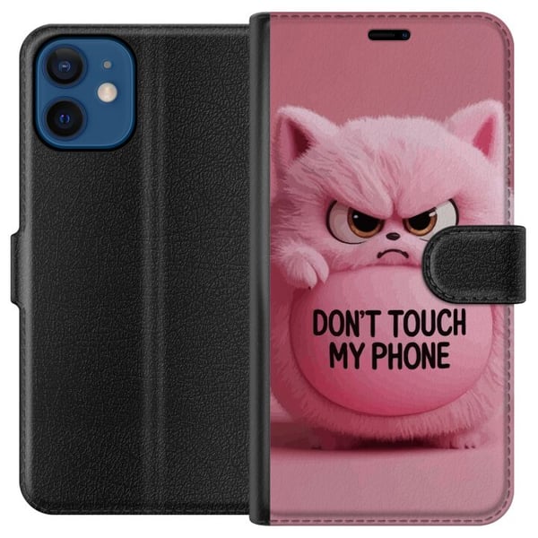 Kompatibelt Lommeboketui til Apple iPhone 12 Humoristisk rosa katt med teksten Don’t Touch My Phone – et morsomt og trendy motiv som passer perfekt s