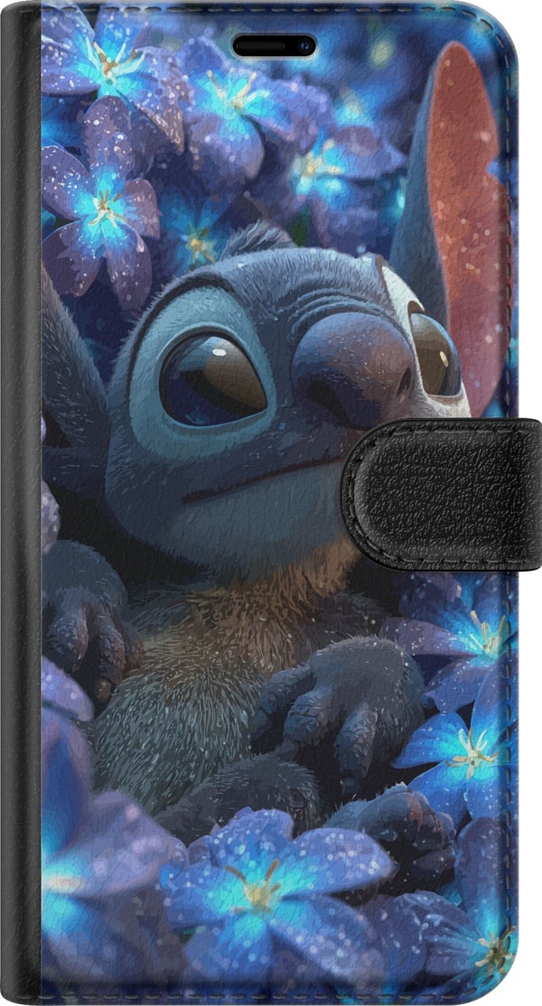 Yhteensopiva Lompakkokotelo Samsung Galaxy S21+ 5G Stitch sinisten kukkien keskellä Unenomainen sininen design, jossa Stitch on kukkien keskellä yön