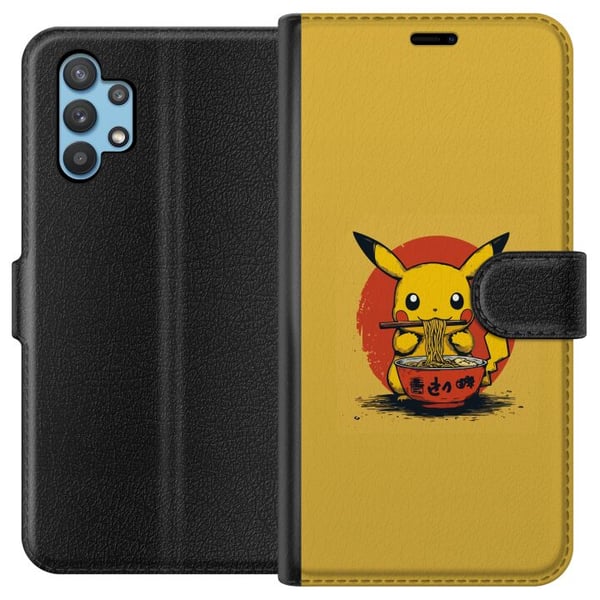 Kompatibelt Plånboksfodral till Samsung Galaxy A32 5G Pikachu som äter ramen i japansk animeinspirerad stil mot gul bakgrund ett roligt modernt motiv Kompatibelt Plånboksfodral till Samsung Galaxy A32 5G Pikachu som äter ramen i japansk animeinspirerad stil mot gul bakgrund ett roligt modernt motiv