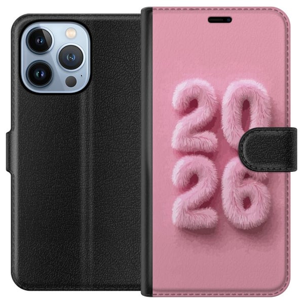 Kompatibelt Plånboksfodral till Apple iPhone 13 Pro Rosa fluff 2026 text i pastell modern nyårstrend med mjuk design perfekt för dekoration och perso