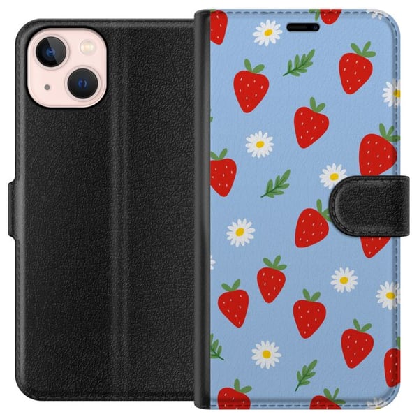 Kompatibelt Plånboksfodral till Apple iPhone 13 Strawberries jordgubbar mönster sommar blommor prästkrage svensk midsommar retro print berry design