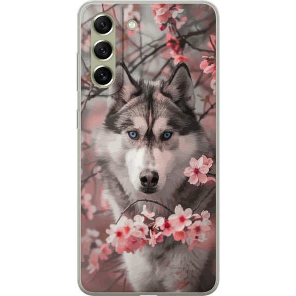 Kompatibel Mobilcover til Samsung Galaxy S21 FE 5G Husky med blå øjne blandt lyserøde kirsebærblomster – smukt, naturinspireret og detaljerigt motiv.