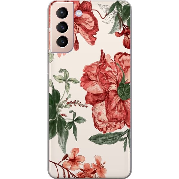 Kompatibel Mobilcover til Samsung Galaxy S21 Røde blomster, botanisk motiv med grønne blade, elegant stil til dig, der kan lide naturens farver Kompatibel Mobilcover til Samsung Galaxy S21 Røde blomster, botanisk motiv med grønne blade, elegant stil til dig, der kan lide naturens farver