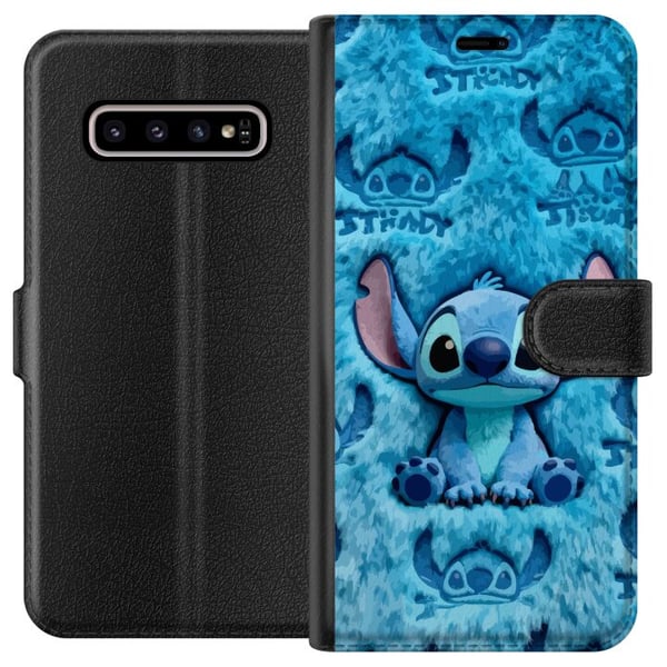 Kompatibelt Plånboksfodral till Samsung Galaxy S10+ Stitch sitter på fluffigt blått mönster med sitt ansikte och öron upprepade som textur vilket ska