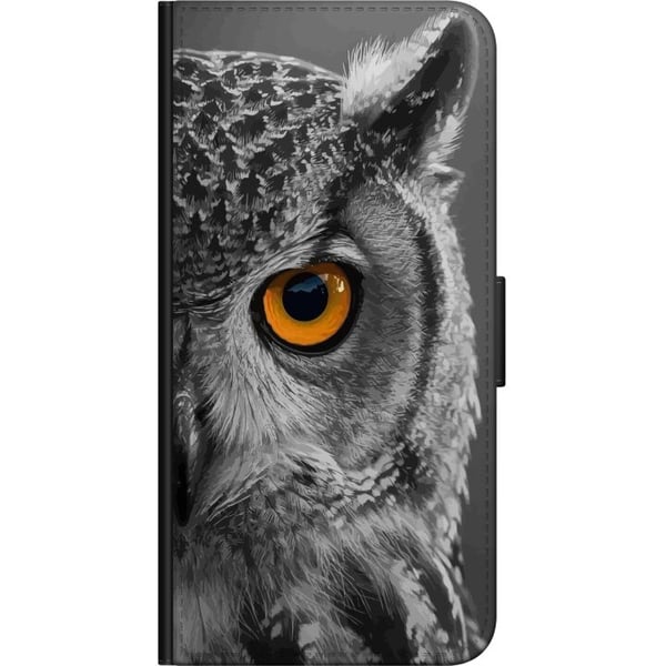 Kompatibelt Plånboksfodral till Samsung Galaxy A20s Svartvit ugglenärbild med intensivt orange öga och krispiga fjäderdetaljer