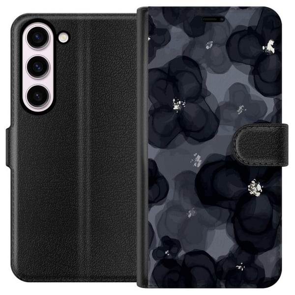 Yhteensopiva Lompakkokotelo Samsung Galaxy S23 Abstrakti tumma kukkakuvio mustanharmaissa sävyissä, elegantilla, dramaattisella ja modernilla tunnelm