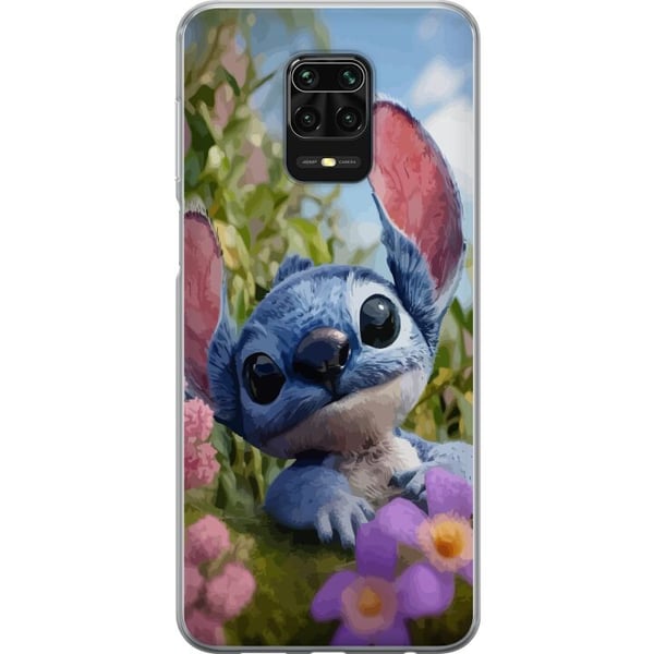 Kompatibel Mobilcover til Xiaomi Redmi Note 9S Blå tegnet figur inspireret af Stitch i naturlige omgivelser med blomster og et sødt udtryk, perfekt t