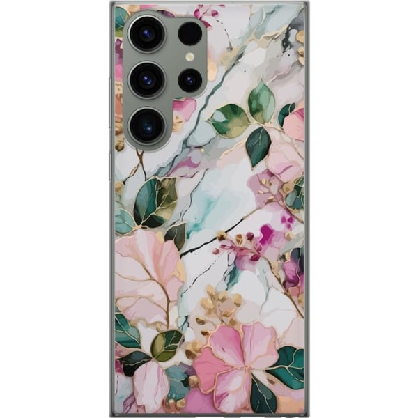 Kompatibel Mobilcover til Samsung Galaxy S23 Ultra Pastelmarmor med blomster, blade og subtile gyldne detaljer i en blød komposition