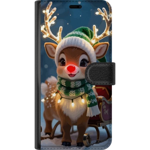 Kompatibelt Plånboksfodral till Samsung Galaxy S9+ Julig ren med lysande horn röd nos och stickad grön mössa står framför släde i snötäckt miljö och