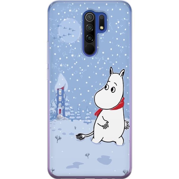 Kompatibelt Mobilskal till Xiaomi Redmi 9 Figur står i stilla vinterlandskap med snöfall blå toner och måne som skapar lugn harmoni och mjuk vintrig