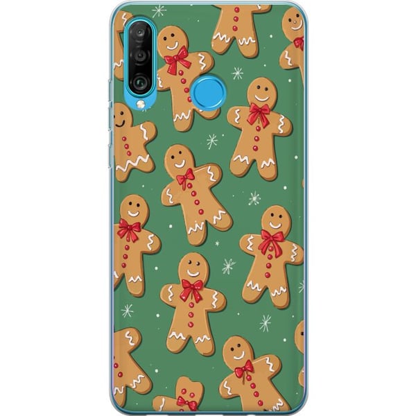 Kompatibelt Mobilskal till Huawei P30 lite Gingerbread Christmas pattern – pepparkaksgubbar i söt juldesign med grön bakgrund och vinterkänsla