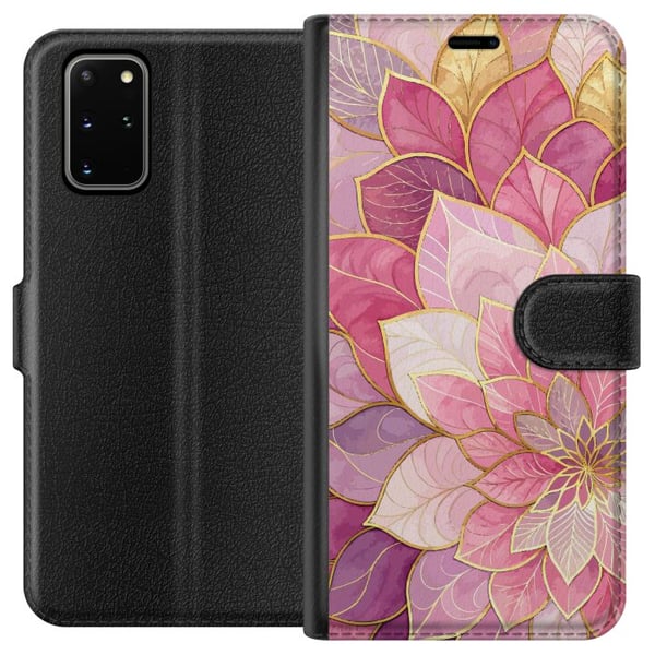 Kompatibelt Plånboksfodral till Samsung Galaxy S20+ Blommig mandala – Rosa och lila mönster med gyllene detaljer illustration