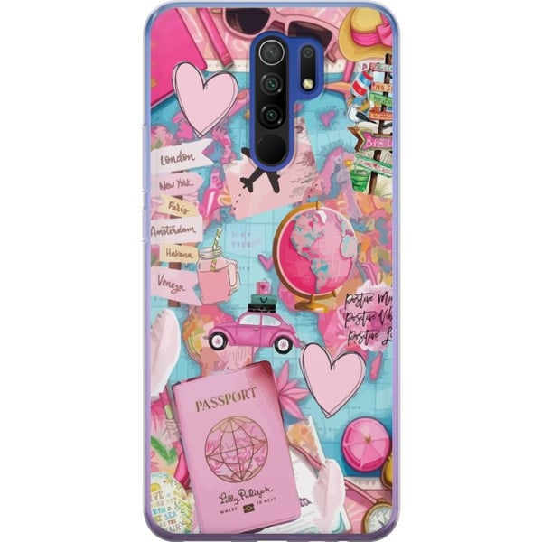Kompatibel Mobilcover til Xiaomi Redmi 9 Pink og turkis rejsecollage med verdenskort pas fly kameraer hjerter og destinationer moderne rejseæstetik f