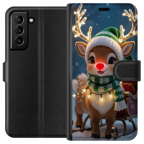 Kompatibelt Lommeboketui til Samsung Galaxy S21+ 5G Julete reinsdyr med lysende horn, rød nese og strikket grønn lue står foran en slede i et snødekt Kompatibelt Lommeboketui til Samsung Galaxy S21+ 5G Julete reinsdyr med lysende horn, rød nese og strikket grønn lue står foran en slede i et snødekt