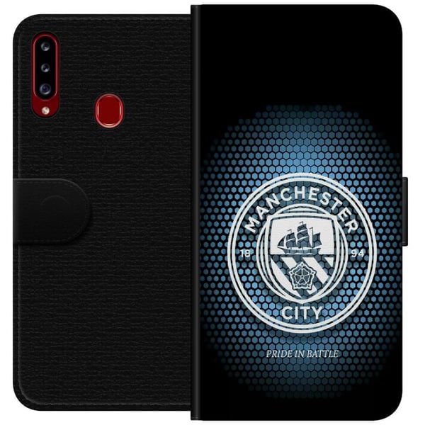 Kompatibelt Lommeboketui til Samsung Galaxy A20s Manchester City fotball Erling Haaland blå klubdesign illustrasjon