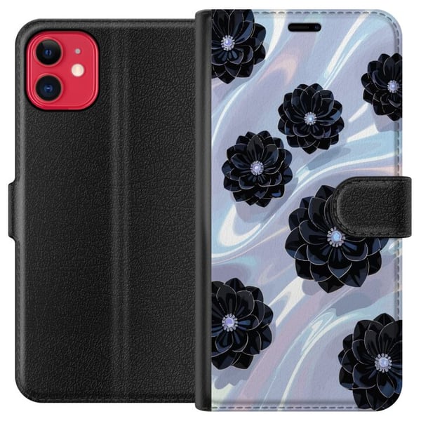 Kompatibel Tegnebogsetui til Apple iPhone 11 Midnatsblomstring sorte blomster på skinnende baggrund, elegant luksuriøst blomsterdesign i mørke toner Kompatibel Tegnebogsetui til Apple iPhone 11 Midnatsblomstring sorte blomster på skinnende baggrund, elegant luksuriøst blomsterdesign i mørke toner