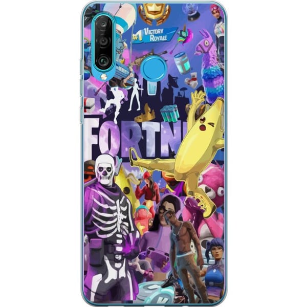 Kompatibel Mobilcover til Huawei P30 lite Fortnite-collage med Banana Peely Battle Bus og skins farverigt gamingmotiv