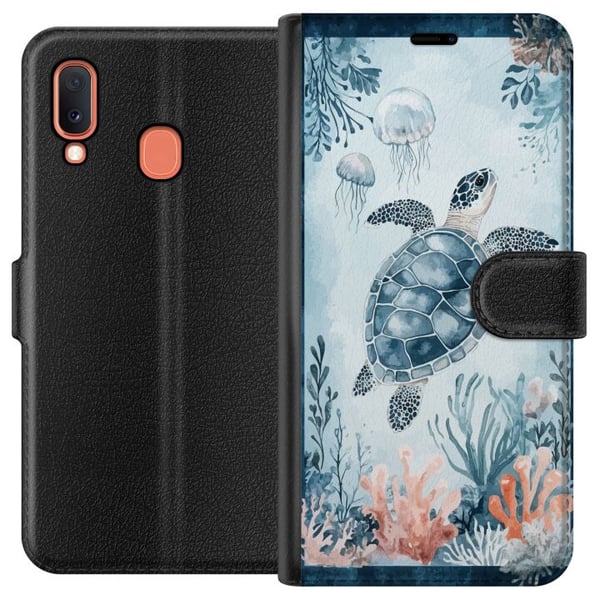 Kompatibelt Lommeboketui til Samsung Galaxy A20e Akvarellskilpadde i et rolig blått hav blant koraller og svevende maneter Kompatibelt Lommeboketui til Samsung Galaxy A20e Akvarellskilpadde i et rolig blått hav blant koraller og svevende maneter