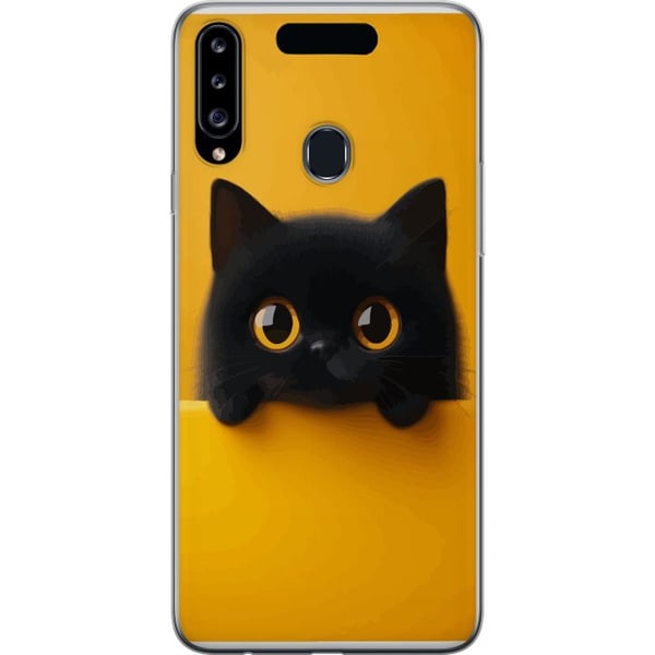 Kompatibel Mobilcover til Samsung Galaxy A20s Sort kat, der kigger op over kanten – ren og trendy illustration med et legende udtryk og store øjne