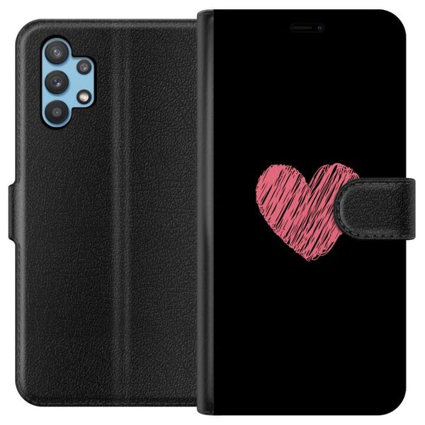 Kompatibelt Plånboksfodral till Samsung Galaxy A32 5G Handritat Rosa Hjärta på Svart Minimalistisk Bakgrund Kompatibelt Plånboksfodral till Samsung Galaxy A32 5G Handritat Rosa Hjärta på Svart Minimalistisk Bakgrund