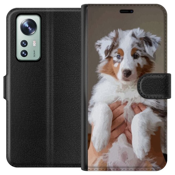 Yhteensopiva Lompakkokotelo Xiaomi 12 Koiranpentuaiheinen kuvitus – Suloinen pörröinen pentu muotokuvamaisessa designissa, jolla on siniset silmät