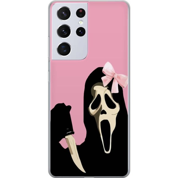 Kompatibel Mobilcover til Samsung Galaxy S21 Ultra 5G Pink Ghost Bow med ikonisk maske og lyserød sløjfe, humoristisk og trendy halloweenstil