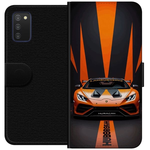 Kompatibelt Lommeboketui til Samsung Galaxy A03s Lamborghini Huracán oransje superbil luksusbil sportsbil racing frontvisning bil eksotisk rask plaka