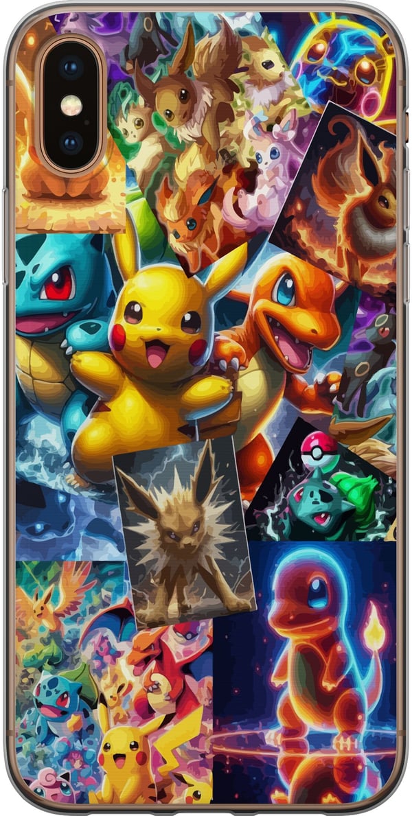 Yhteensopiva Puhelinkuori Apple iPhone XS Max Pokémon-kuvitus – Pikachu, Eevee ja Charmander värikkäässä designissa