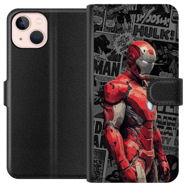 Kompatibelt Lommeboketui til Apple iPhone 13 mini Iron Man-illustrasjon i rød rustning med tegneseriebakgrunn kraftfullt motiv for filmfans Kompatibelt Lommeboketui til Apple iPhone 13 mini Iron Man-illustrasjon i rød rustning med tegneseriebakgrunn kraftfullt motiv for filmfans