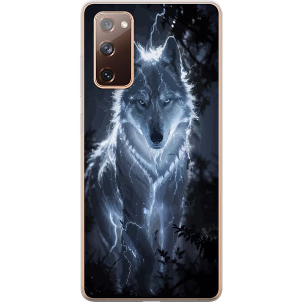 Kompatibelt Mobilskal till Samsung Galaxy S20 FE Vit varg omgiven av blixtar i mörk skog med dramatisk nattkänsla