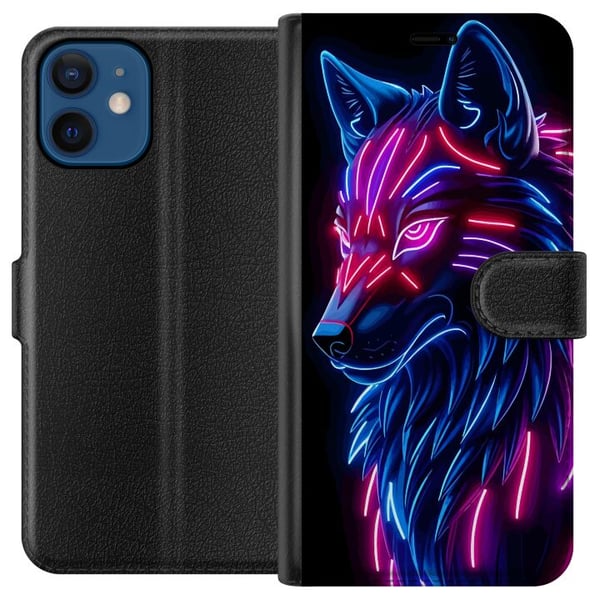 Kompatibel Tegnebogsetui til Apple iPhone 12 Neonbelyst ulv i blåt og pink lys med futuristisk cyberpunkstemning