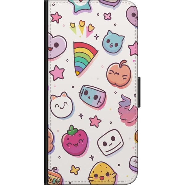 Kompatibelt Lommeboketui til OnePlus 9 Pro Kawaii-doodle-kollasj med søte figurer, frukter, stjerner, hjerter, pastellfarger og leken tegneserieestet