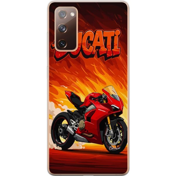 Kompatibelt Mobilskal till Samsung Galaxy S20 FE Ducati röd sportmotorcykel mot eld bakgrund fartfyllt motiv för motorälskare