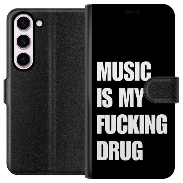 Yhteensopiva Lompakkokotelo Samsung Galaxy S23 Selkeä musta tausta ja vahva valkoinen teksti ilmaisevat intohimoa musiikkiin voimakkaalla, suoraviiva